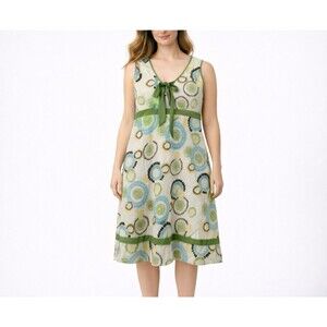 Cato White & Green Linen Midi Dress Geometric Size 10 Y2k Style Bow